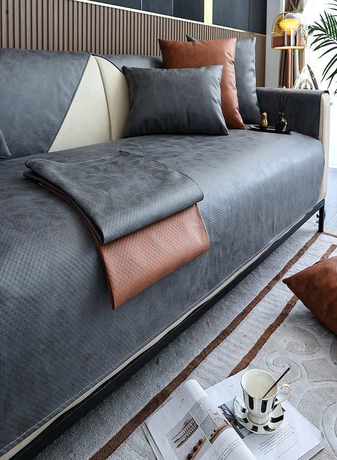 XSlive Faux Leather Waterproof Couch Sofa Cover Vintage PU Sectional Couch Cover Non Slip Sofa Slipcover Furniture Protector for Kids Dogs Cats (Gray,28"x47") - Image 5